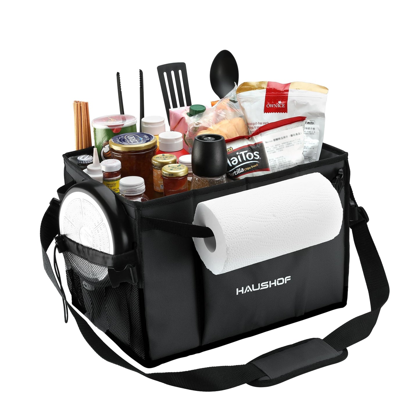 HAUSHOF Large Grill and Picnic Caddy with Paper Towel Holder, Condiment Pocket, Foldable BBQ Organizer Easy Carry Griddle Caddy for Camping, RV, Outdoor Waterproof Oxford Cloth (Black)