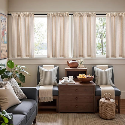 jinchan Striped Linen Kitchen Curtains 36 Inches Length Tier Curtains Farmhouse Modern Cafe Style Small Window Treatments Airy Light Filtering Rod Pocket for Living Room Bathroom 2 Panels Tan