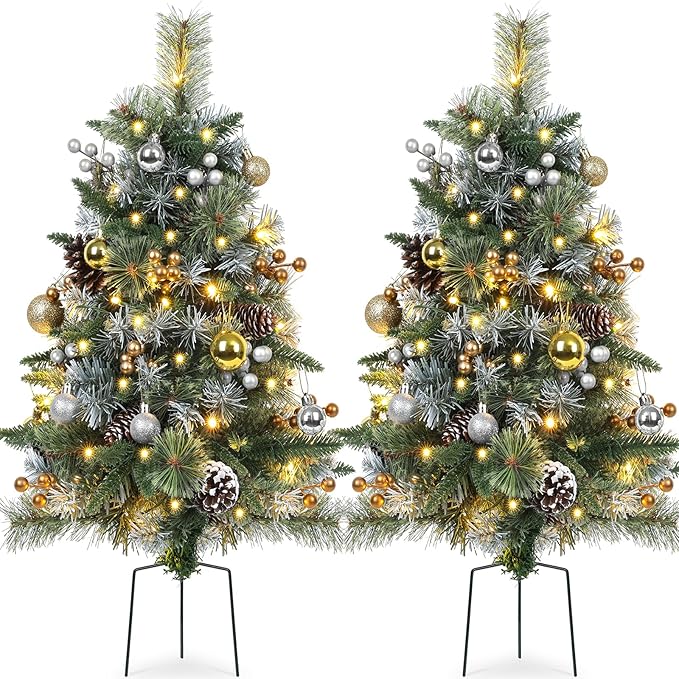 Set of 2 Outdoor Pathway Christmas Trees, 30” Battery Operated Pre-Lit Frosted Xmas Tree with 35 LED Lights, 8 Flash Modes, Holiday Décor for Porch, Yard with Berries/Pine Cones/Balls
