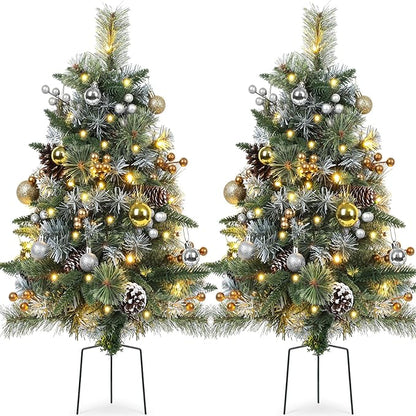 Set of 2 Outdoor Pathway Christmas Trees, 30” Battery Operated Pre-Lit Frosted Xmas Tree with 35 LED Lights, 8 Flash Modes, Holiday Décor for Porch, Yard with Berries/Pine Cones/Balls
