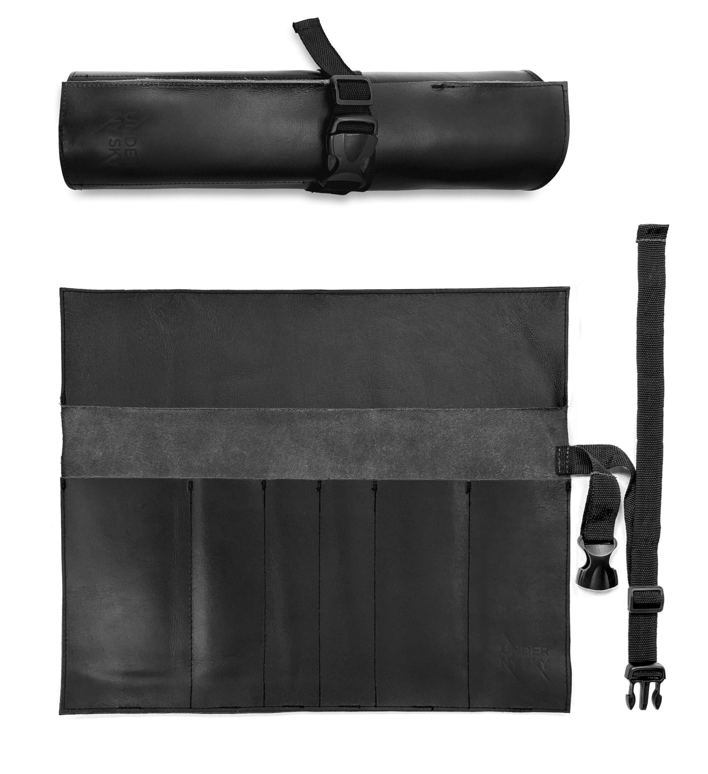 Under NY Sky Genuine Leather Knife Roll Case - 6 Slots - Real Leather Pouch - Portable Bag for Cooking Tools, Utensils, Cutlery Knives, Brushes - Chefs, Kitchen, Travel, Gift - Black