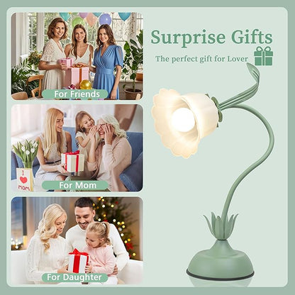 Vintage Flower Table Lamp, 3 Color Temperature Flexible Gooseneck Cute Desk Lamp for Bedroom, Kawaii Nightstand Bedside Lamps for Living Room, Dorm, Office, Home Decor (Green)