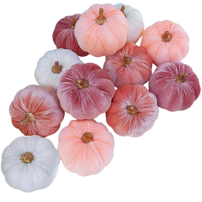 Winlyn 12 Pcs Small Rustic Faux Velvet Pumpkins Decorative Blush Coral Pink Peach Ivory Fabric Foam Pumpkins 3" for Fall Wedding Bbay Shower Thanksgiving Halloween Table Centerpiece Décor