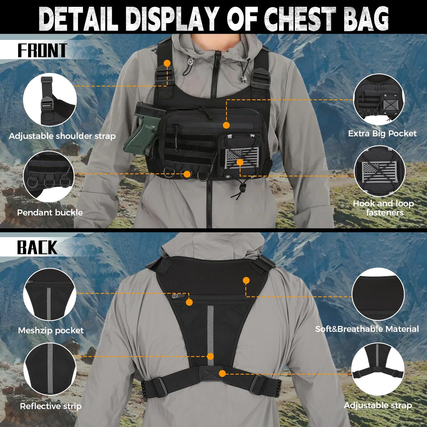 Outdoor Sports Chest Bag for Men, Chest Vest Holster Fits Most Pistols, Adjustable EDC Travel Chest Pack for Running, Hiking, Workouts (Black)