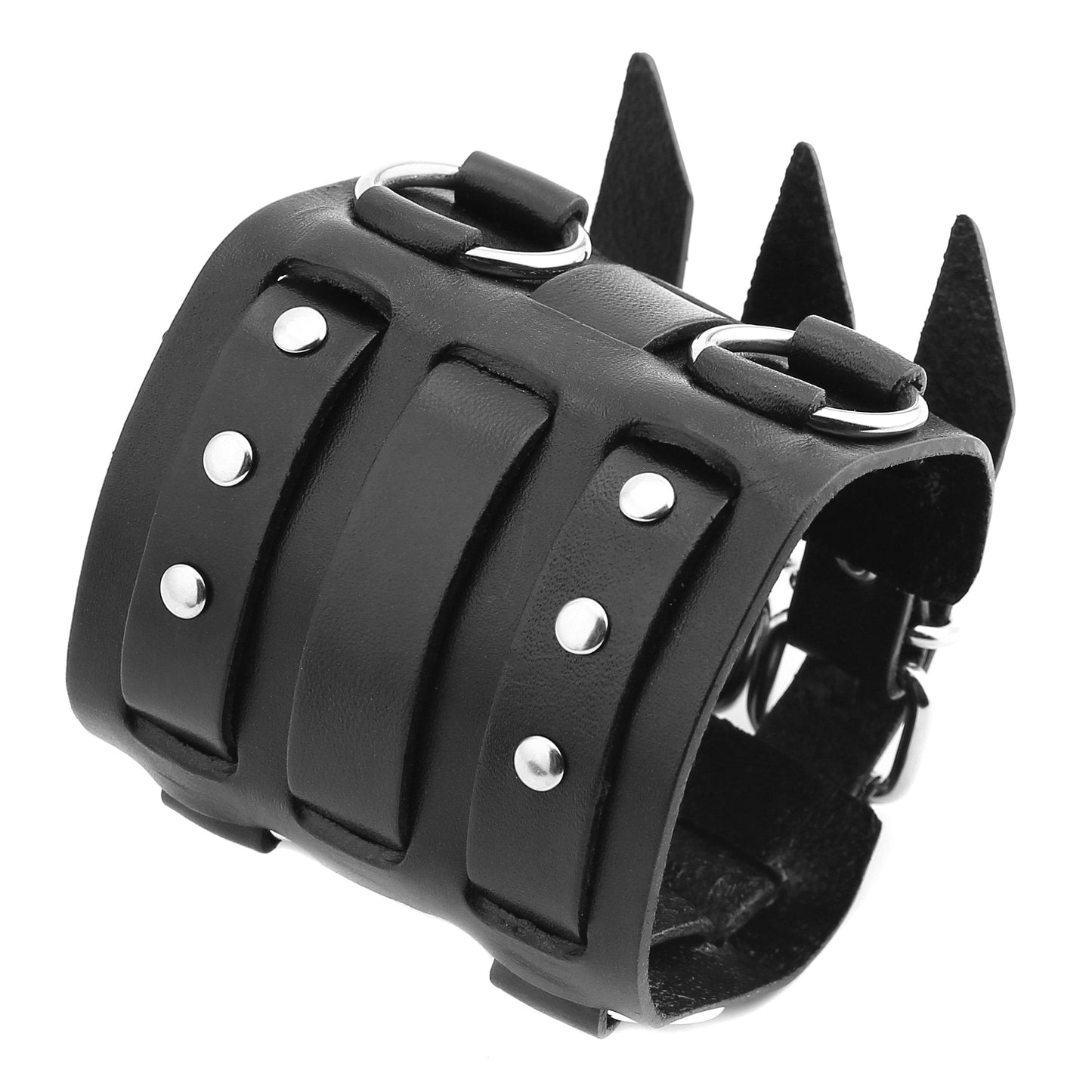 HZMAN Men's Alloy Ring Genuine Leather Bracelet Bangle Cuff Silver Tone Adjustable (Black)