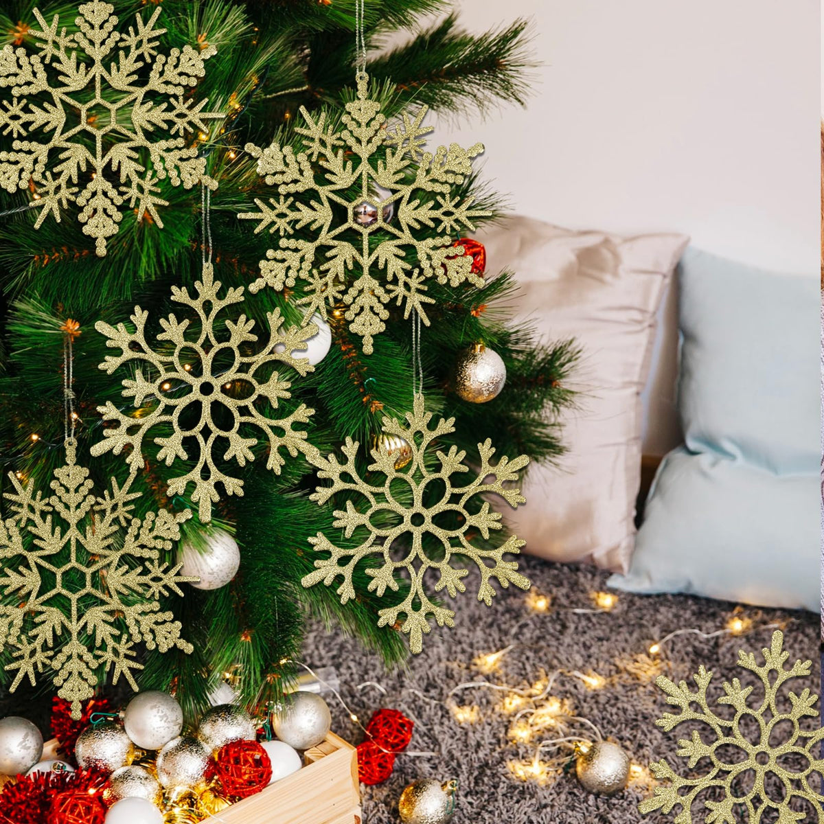 6pcs Large Gold Snowflakes Ornaments 12" Big Plastic Glitter Snowflake for Winter Indoor Outdoor Christmas Tree Window Room Decorations Giant Craft Snowflakes