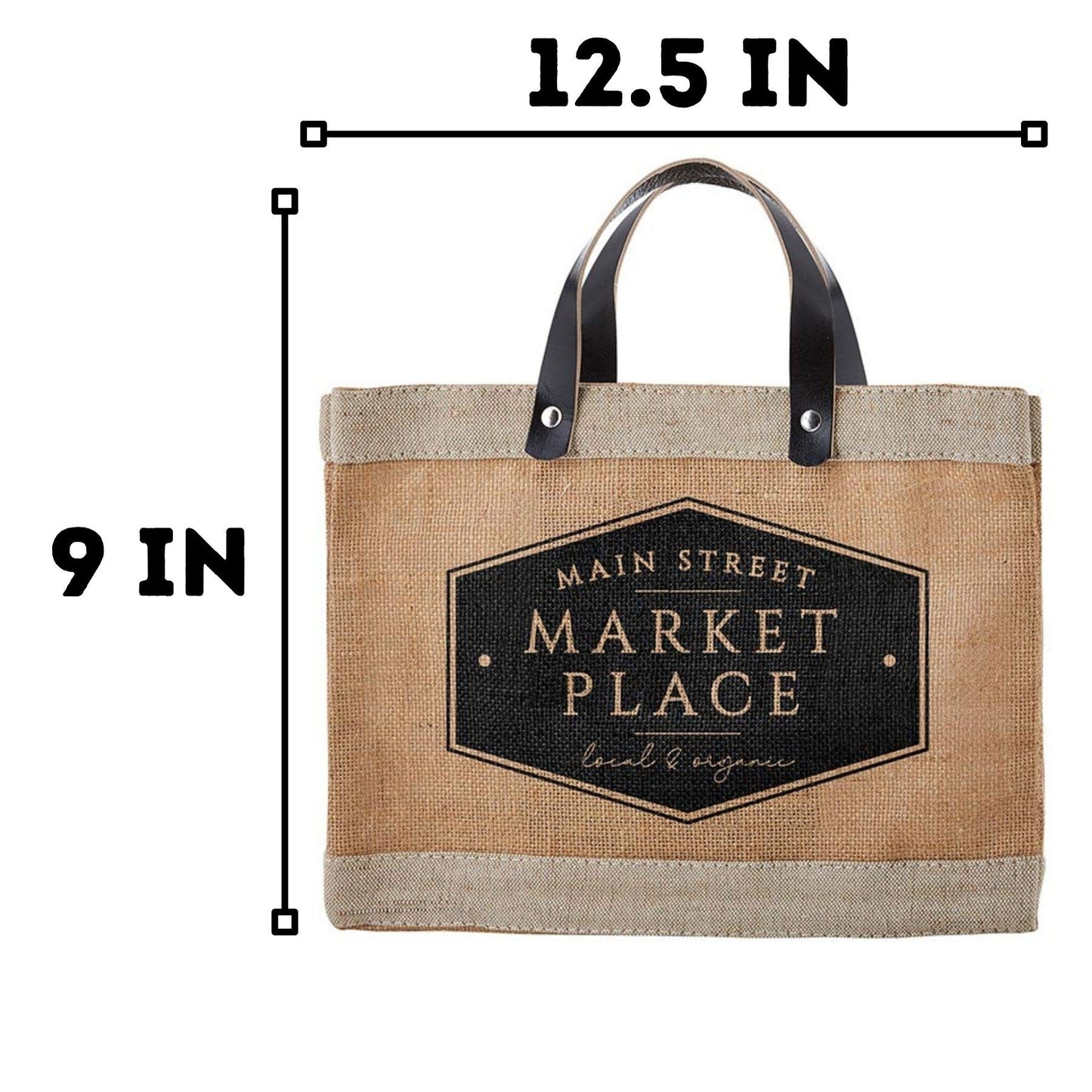 Santa Barbara Design Studio Main Street Farmers Market Tote, Reusable Burlap Grocery Bag with Leather Handle, Purse for Beach or Picnics, Food Lovers Gift Idea, 12.5 x 9.5 Inches