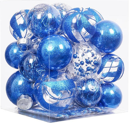 XmasExp 32ct Christmas Ball Ornaments Set -Blue Clear Plastic Shatterproof Xmas Tree Ball Decorations Hanging Baubles for Holiday Decor