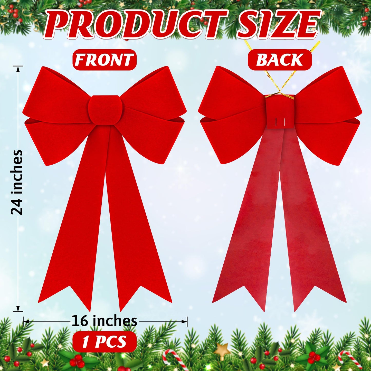 1 PCS Christmas Decorations, 16x24 In Large Christmas Bows, Red PVC Velvet Bows for Christmas Tree, Indoor Outdoor Holiday Xmas Decor Home Wreath Fence Stairs Railing Fireplace Front Door Supplies