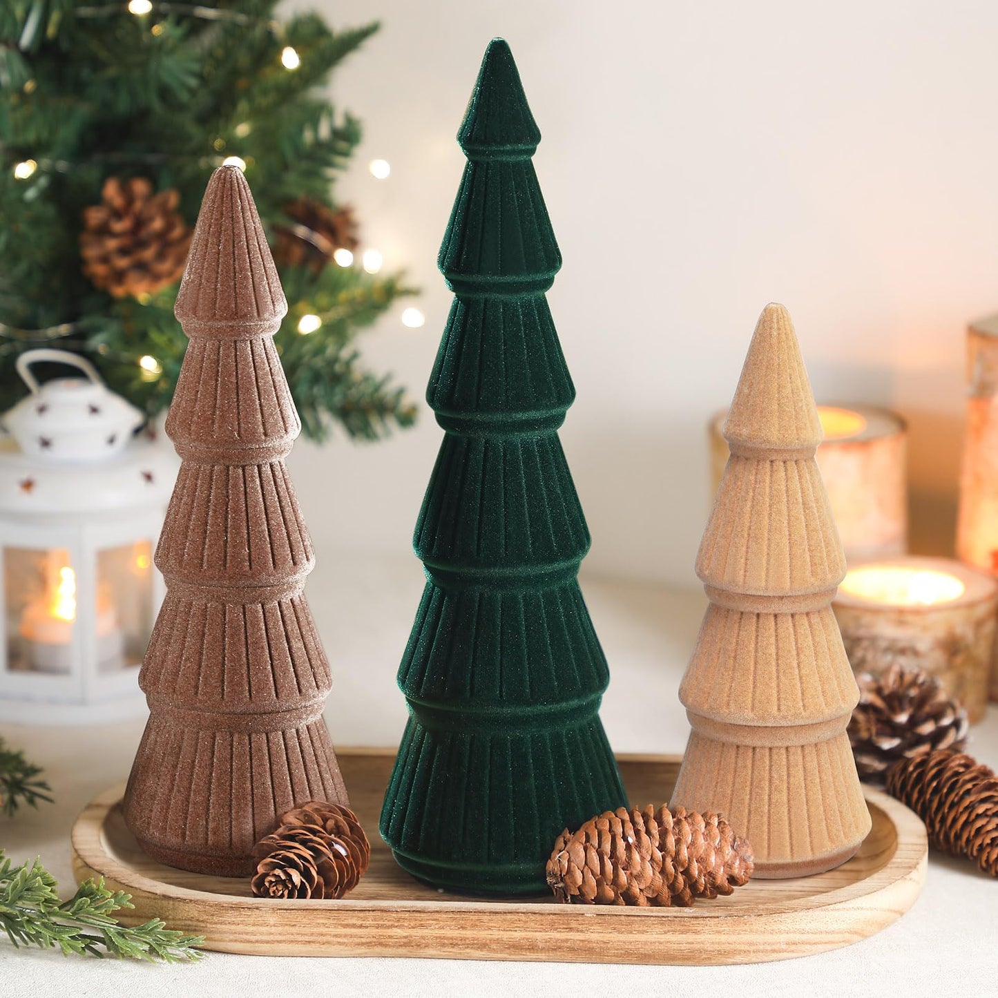 Bucherry 3 PCS Velvet Christmas Tree Figurines Decoration - 8" 10" 14" Modern Cone Christmas Tabletop Home Rustic Centerpiece Set for Winter Holiday Mantel Entryway Party Decor(Green and Khaki)