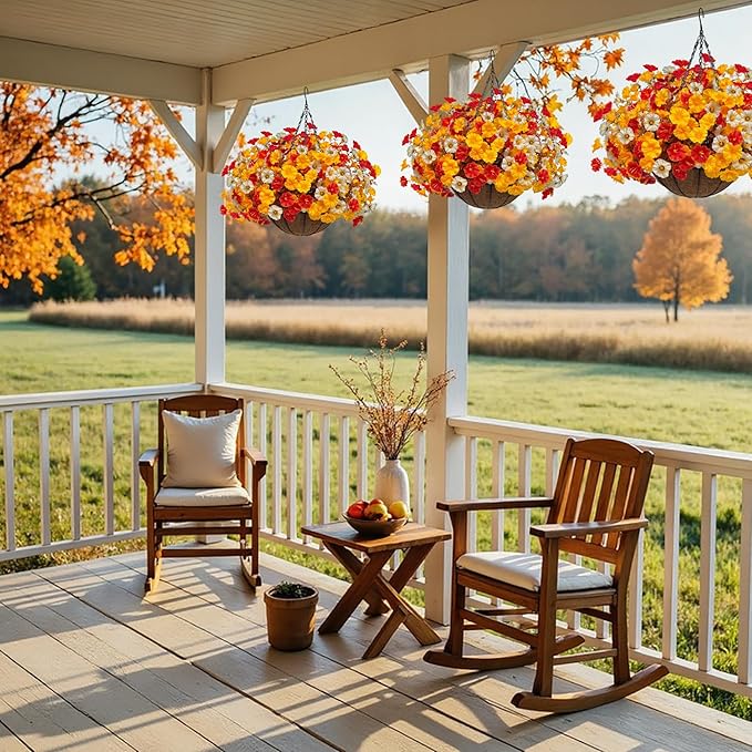 Artificial Fall Flowers with Hanging Baskets Outdoors, Faux mums for Outdoor planters, Fake Mums Petunia Artificial Hanging Plants UV Resistant for Autumn Porch Garden Home Yard Decor (Early Harvest)