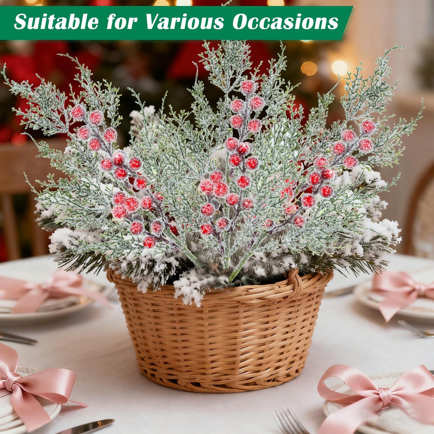 GoClimber 6 Pcs Snowy Artificial Cedar Picks with Red Berries, Christmas Tree Picks Frosted Faux Cedar Sprays with Greenery Branches Stems, Floral Picks for Vase Fillers Craft Wreath Holiday Décor