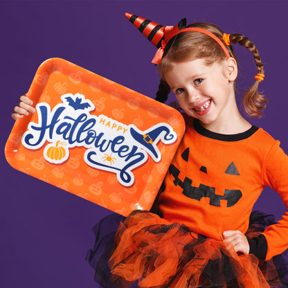 Zubebe 3 Pcs 13 x 10 Inch Halloween Serving Tray, Reusable Serving Dishes, Black Orange Purple Platter, Pumpkin Bat Witch Hat Trays, Snacks Fruit Dessert Candy Holder Dishes for Halloween Party
