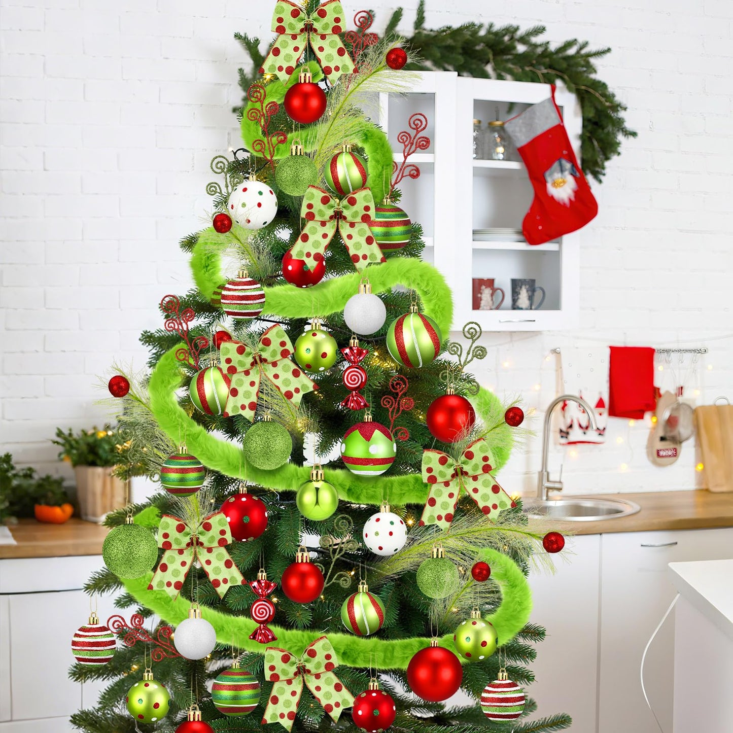 Leitee 109 Pcs Christmas Tree Decorations Lime Green Red Peppermint Candy Ball Ornaments Elf Christmas Tree Picks Swirl Glitter Xmas Stems Polka Dots Bow Home Faux Fur Ribbon for Holiday Party Decor