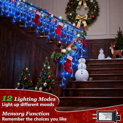 504 LED Fairy lights for Bedroom, 50ft Christmas Window Lights with 112 Drops 12 Modes, Dimmable Curtain Lights, String Lights Indoor Outdoor for Holiday Wedding Party Home Xmas Decorations, Blue