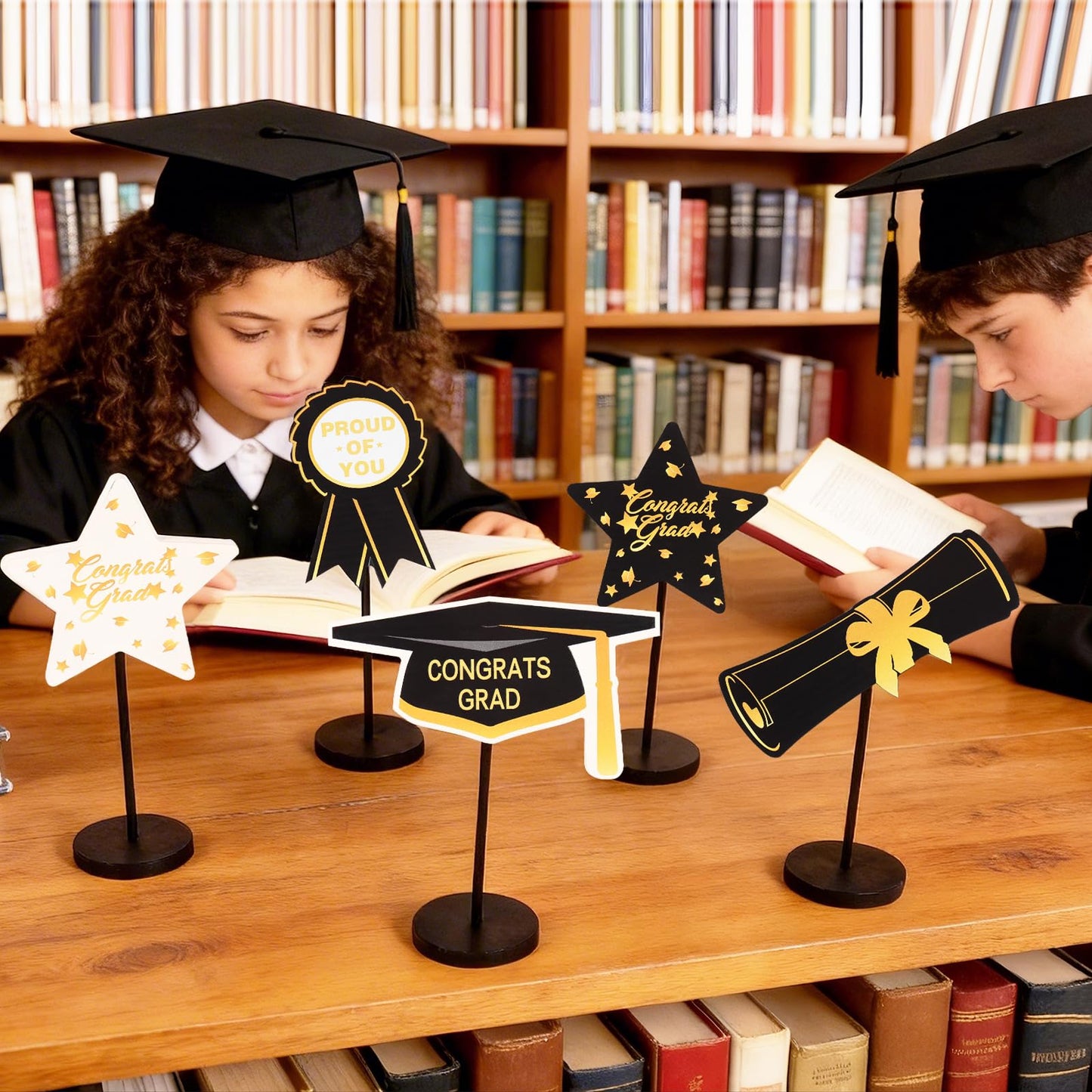 2026 Graduation Decorations, 5Pcs Black Gold White Wooden Table Centerpieces Decor Include Grad Cap Diploma Star Supplies Medal Sign, of Congrats Graduation Day Class Party Decoration.