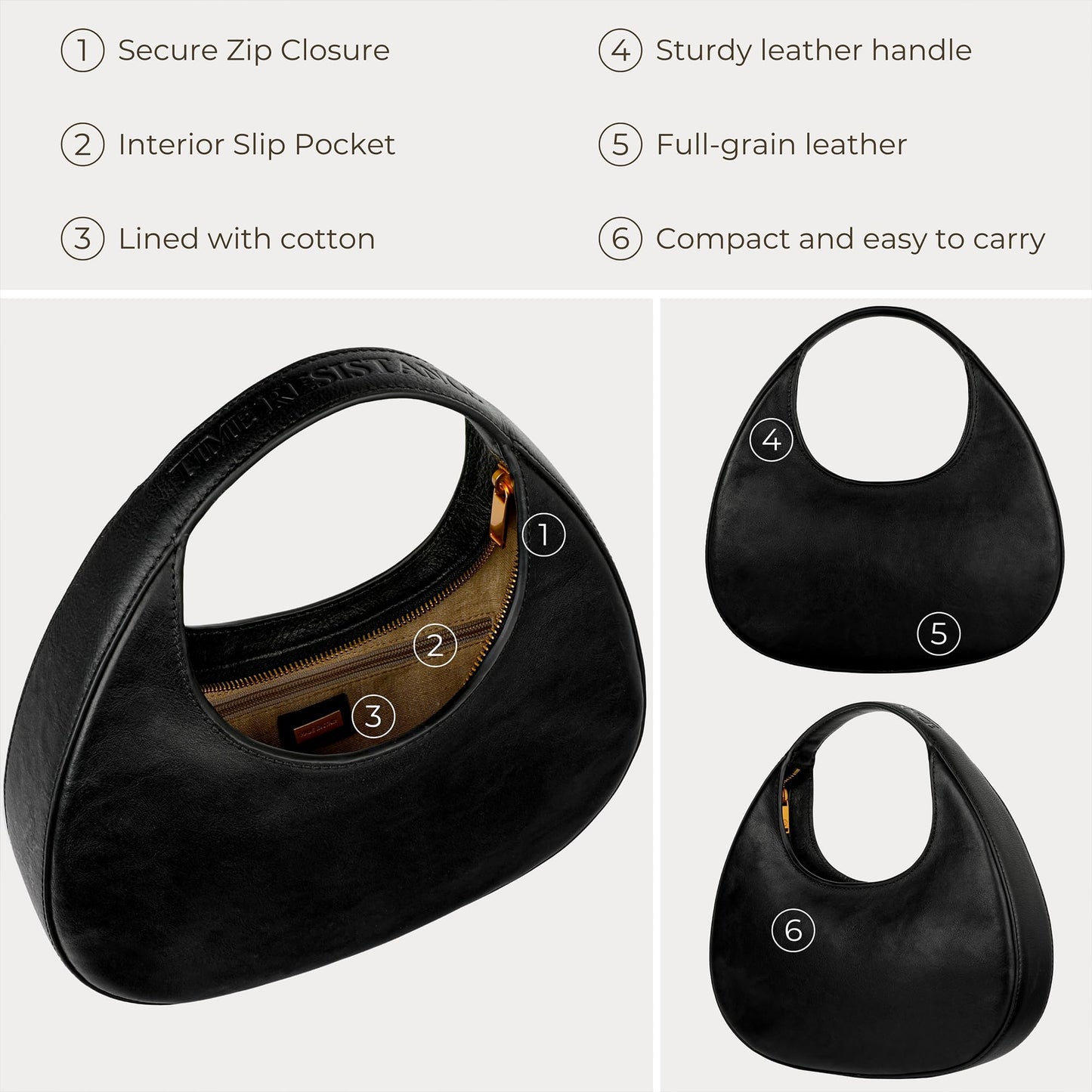 Time Resistance Leather Handbag - Purse for Women - Moon Bag - Top Handle Handbag – Crescent Hobo Purse (Black)