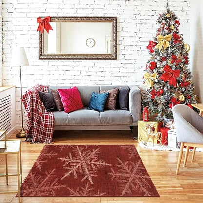 Lahome Christmas Washable Area Rugs, 3x5 Snowflake Entryway Rugs Indoor Non Slip Washable Red Rugs for Bedroom Holiday Decor, Soft Ultra-Thin Carpet for Living Room Kitchen Bathroom(3'x 5',Red)