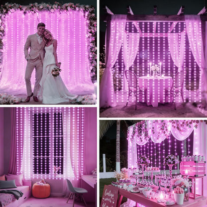 echosari Fairy Curtain Lights Battery Operated, 300 LED Indoor Curtain Lights 9.8 x 9.8Ft with Timer Hooks for Children' s Bedroom Wedding Backdrop Decor (Pink)