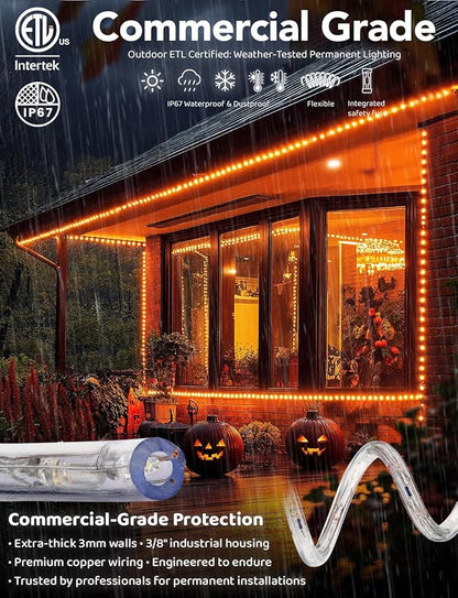 WYZworks 3312LEDs 300ft LED Outside Rope Lights, Outdoor ETL Certified Waterproof Permanent 360 Degree Flexible Bend & Light Emitting, Connectable, Christmas Palm Tree Exterior Landscape, Orange