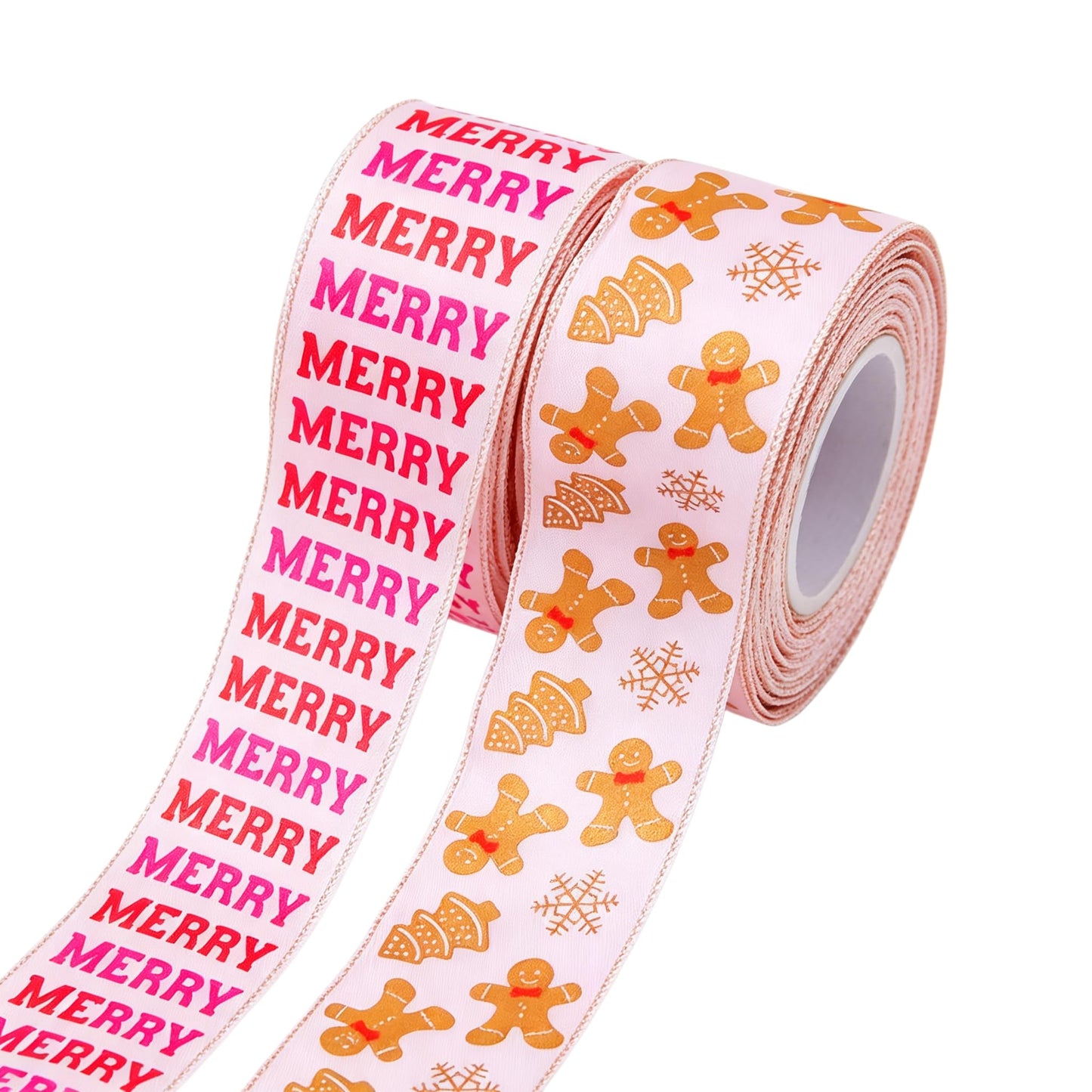 Meseey Pastel Pink Christmas Wired Ribbon 2.5 Inch 20Yards, Gingerbread Man Candy Cane Print Decor Ribbon for Xmas Tree Wreath Gift Craft