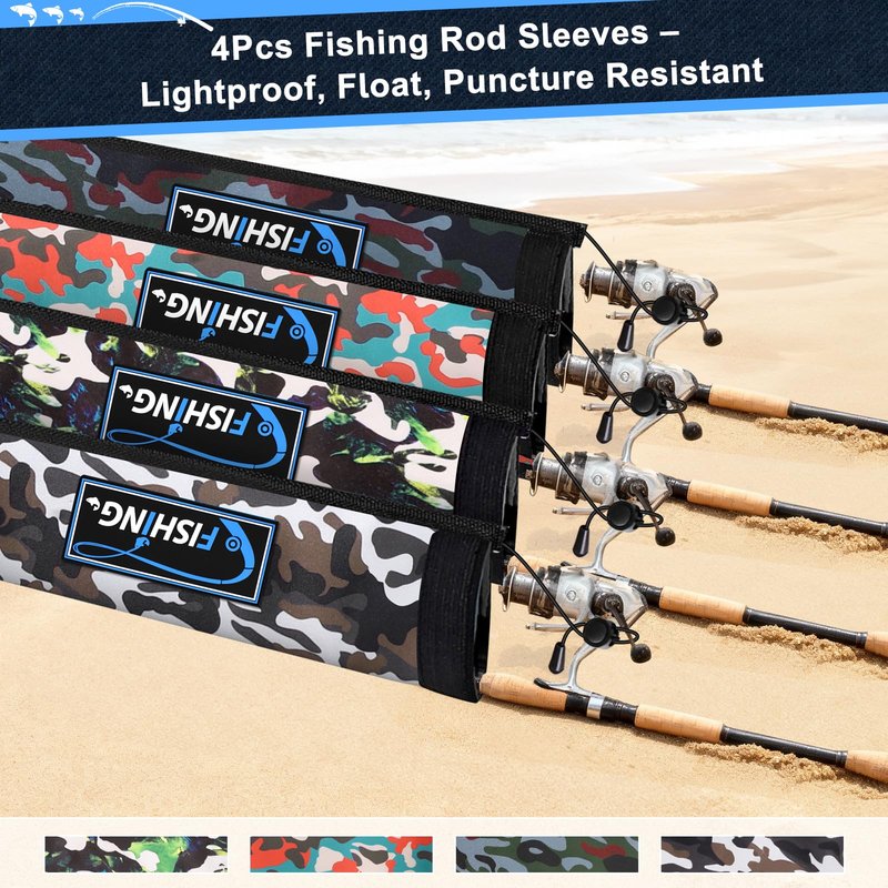 MONYES Neoprene Fishing Rod Sleeves for Casting, Spinning, Trolling Pole - Protective Cover Rod Sock with Hanging Loop & Lanyard- Floating, Puncture Resistant, Lightproof (65in, 4P)