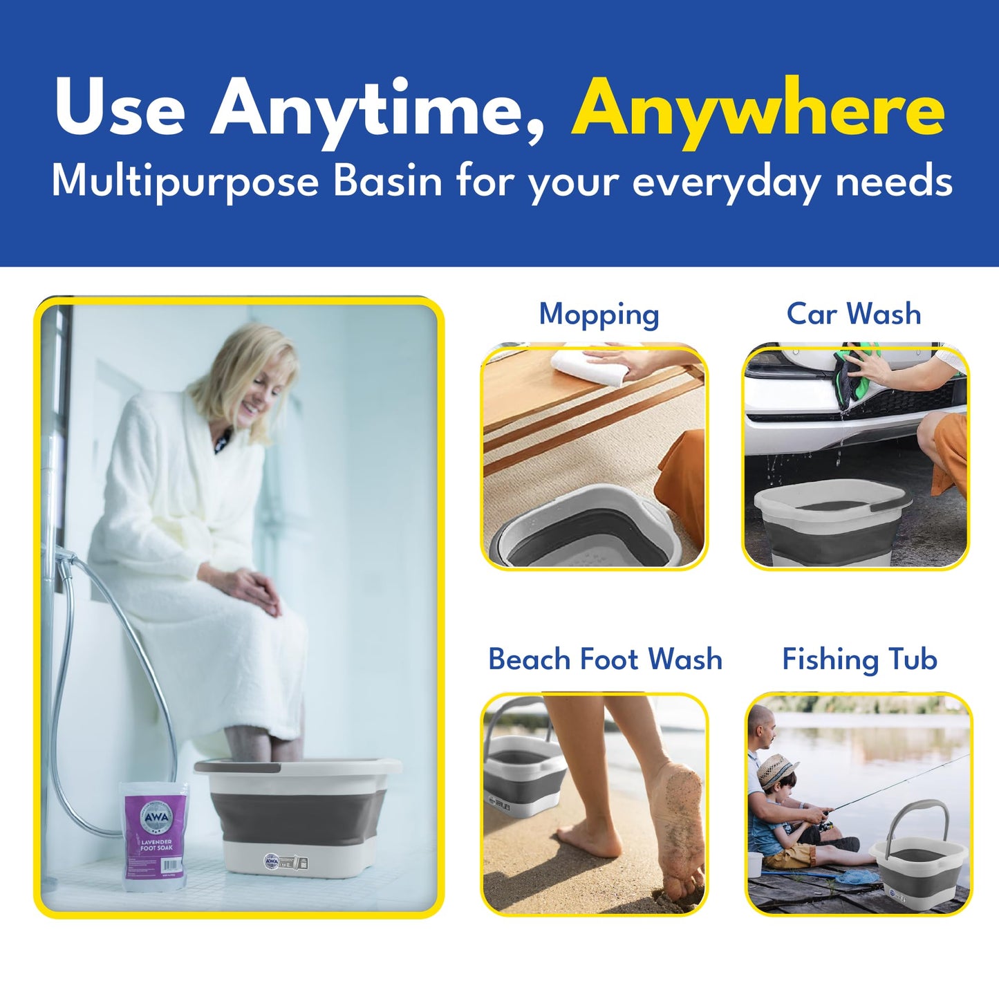 American Wellness Authority AWA Extra Large foot bath basin - Sturdy plastic soak tub For Soaking feet and Pedicure At Home Spa Kit Women Men (Grey Basin), 1.0 Count