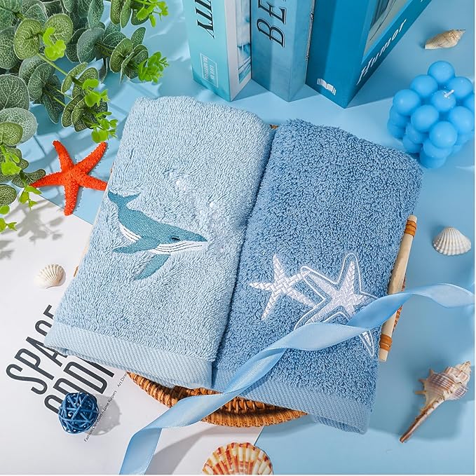 3Pcs Nautical Hand Towels Cotton Embroidered Bathroom Towels Anchor Starfish