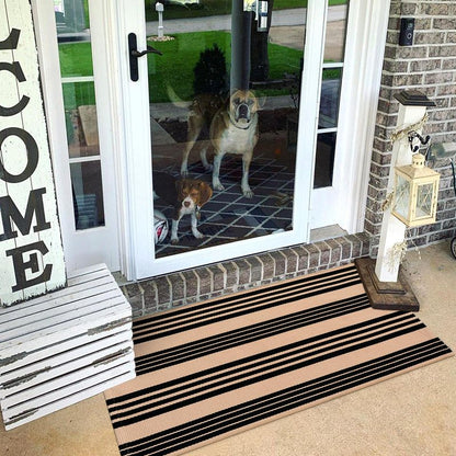 Black and Tan Striped Outdoor Rug, 2’ x 4.3’ Cotton Hand-Woven Reversible Front Porch Rug Washable Front Door Mat Entryway Rugs Welcome Layered Doormat Carpet for Patio Farmhouse Kitchen