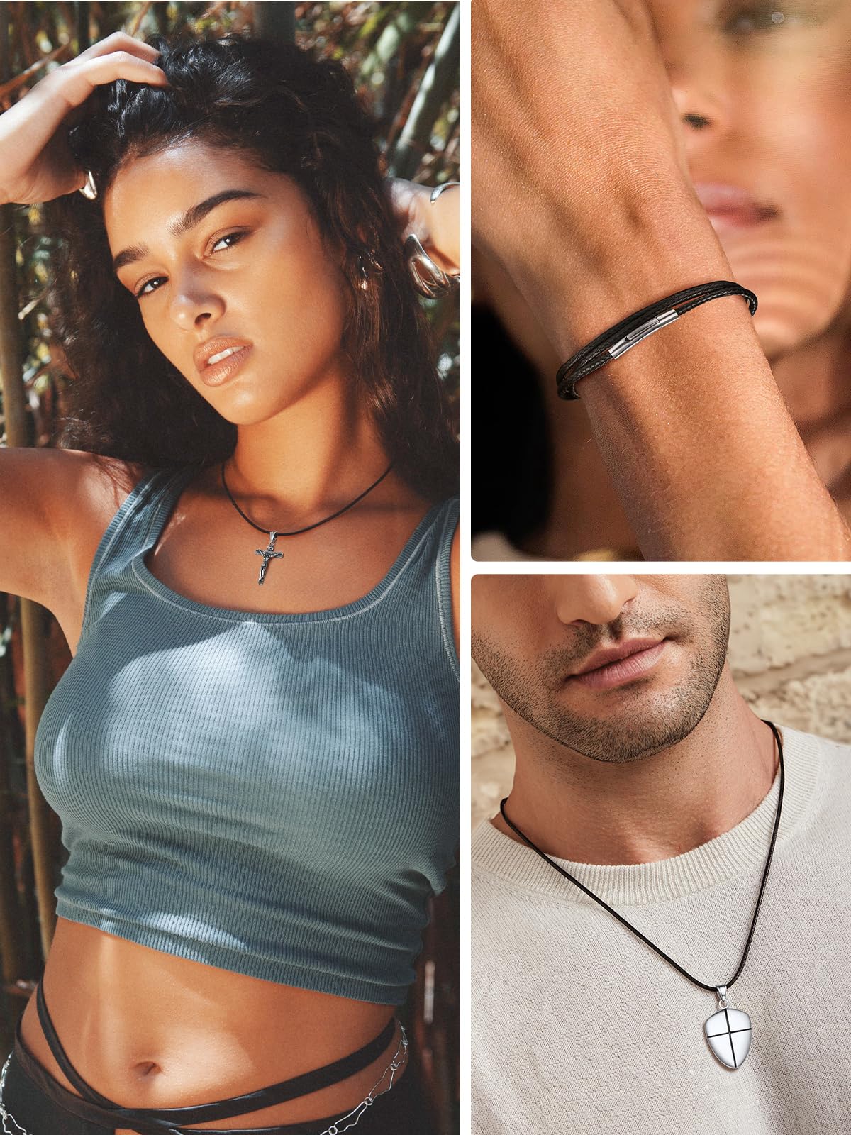 U7 Black Leather Cord Necklace with Stainless Steel Clasp, Men Women 2mm Wide Woven Wax Rope Chain for Pendant, Length 16 Inch