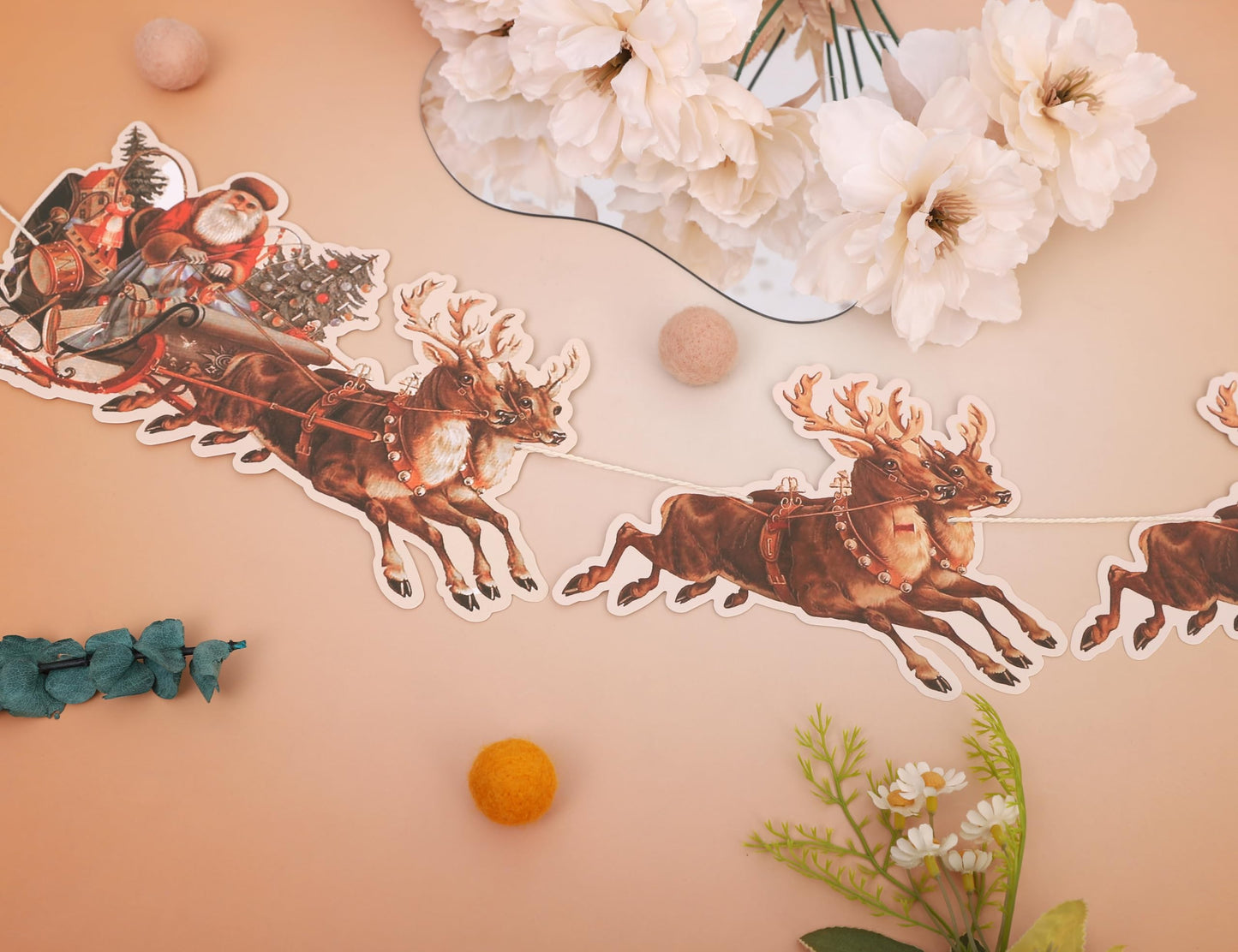Santa Sleigh And Reindeer Christmas Banner - Christmas Party Santa Decorations,Holiday Reindeer Party Garland, Holiday Mantle Decorations (banner-2)