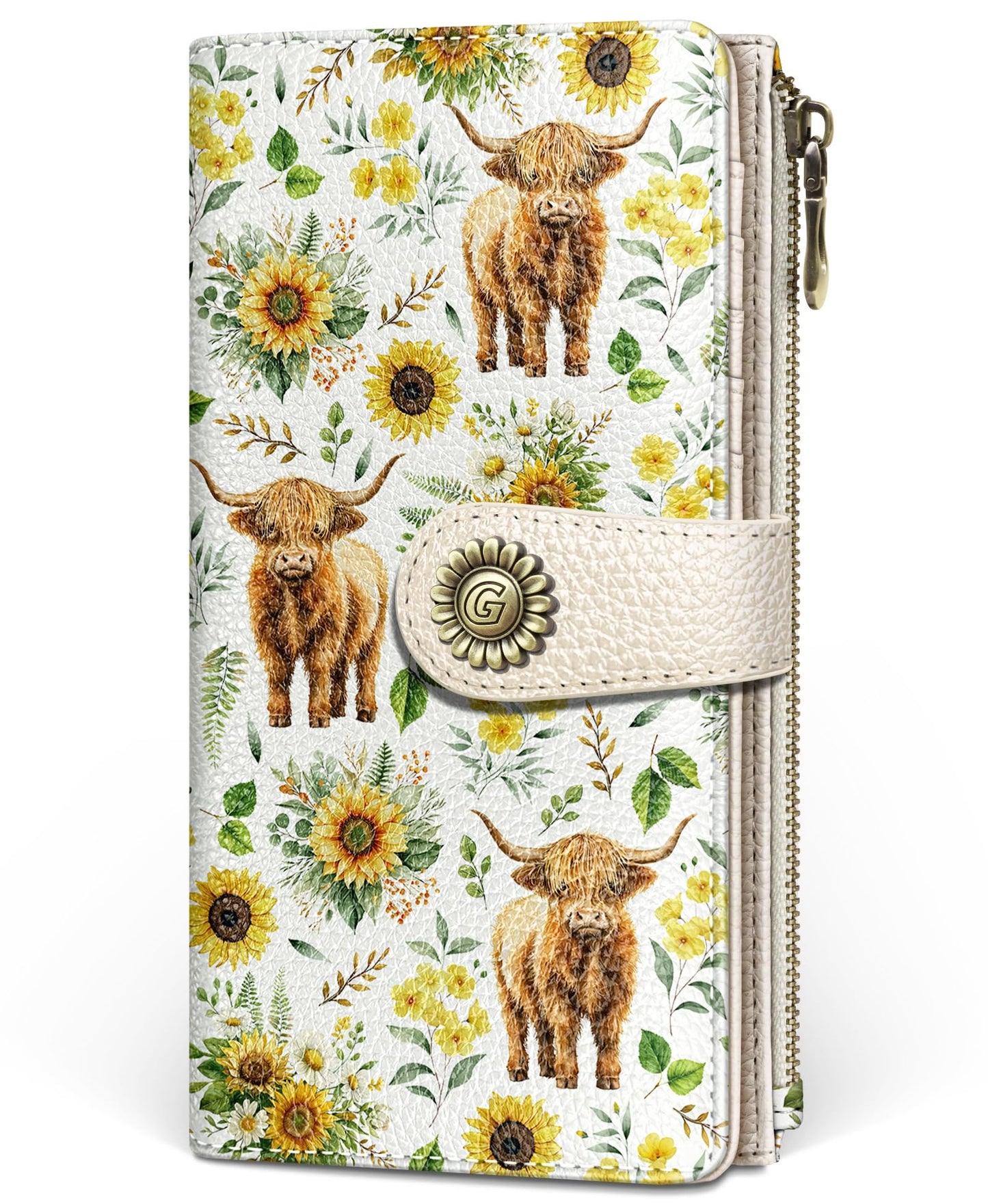 GIANCOMICS Highland Cow Womens Wallet RFID Blocking, Sunflower Credit Card Holder Bifold, PU Leather Travel Billfold, Long Cute Cash Purse, Zipper Coin Pocket Clutch, 11 Card Slot, Ladies Gift Woman