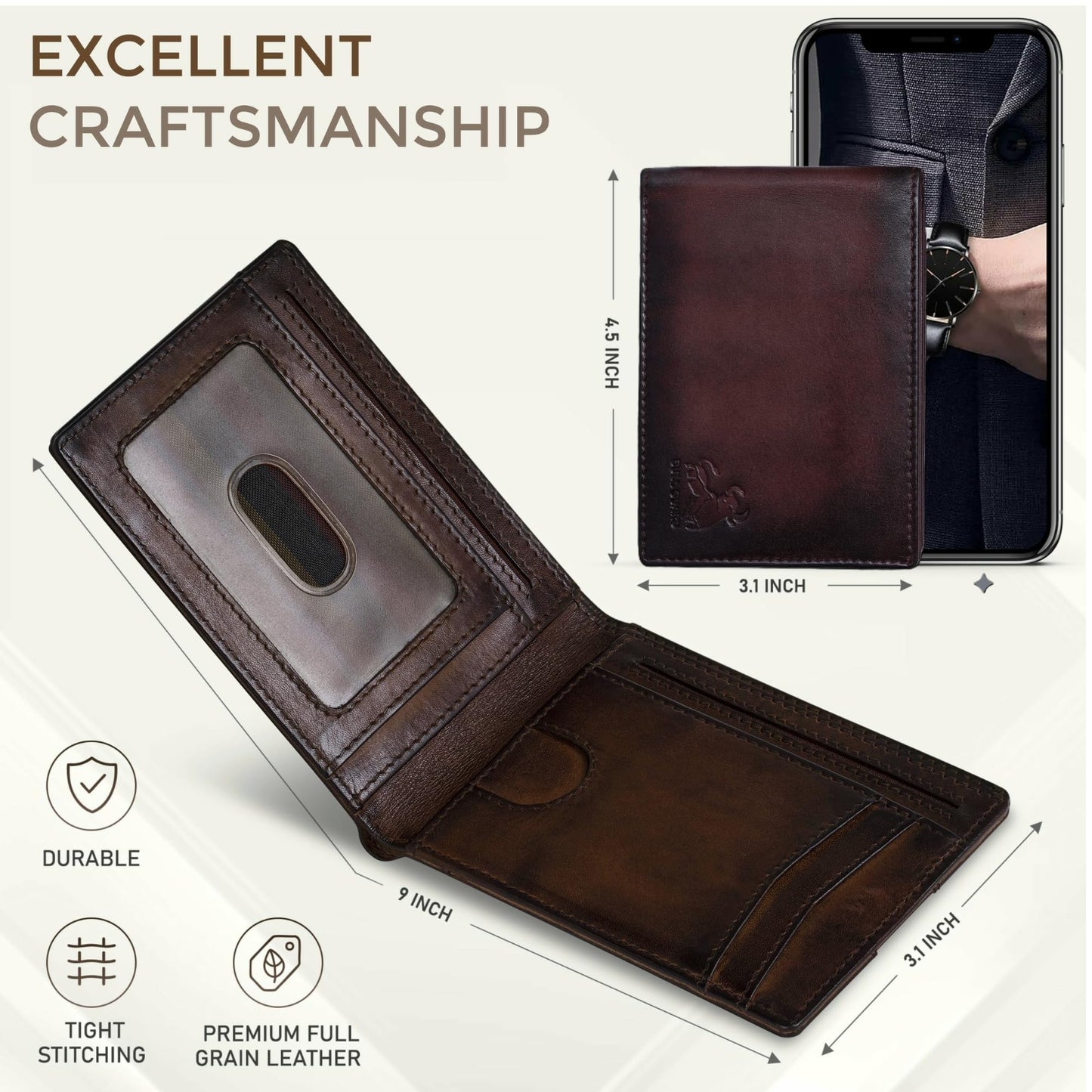 BULL GUARD Bifold Leather Wallet Slim No Air Tag