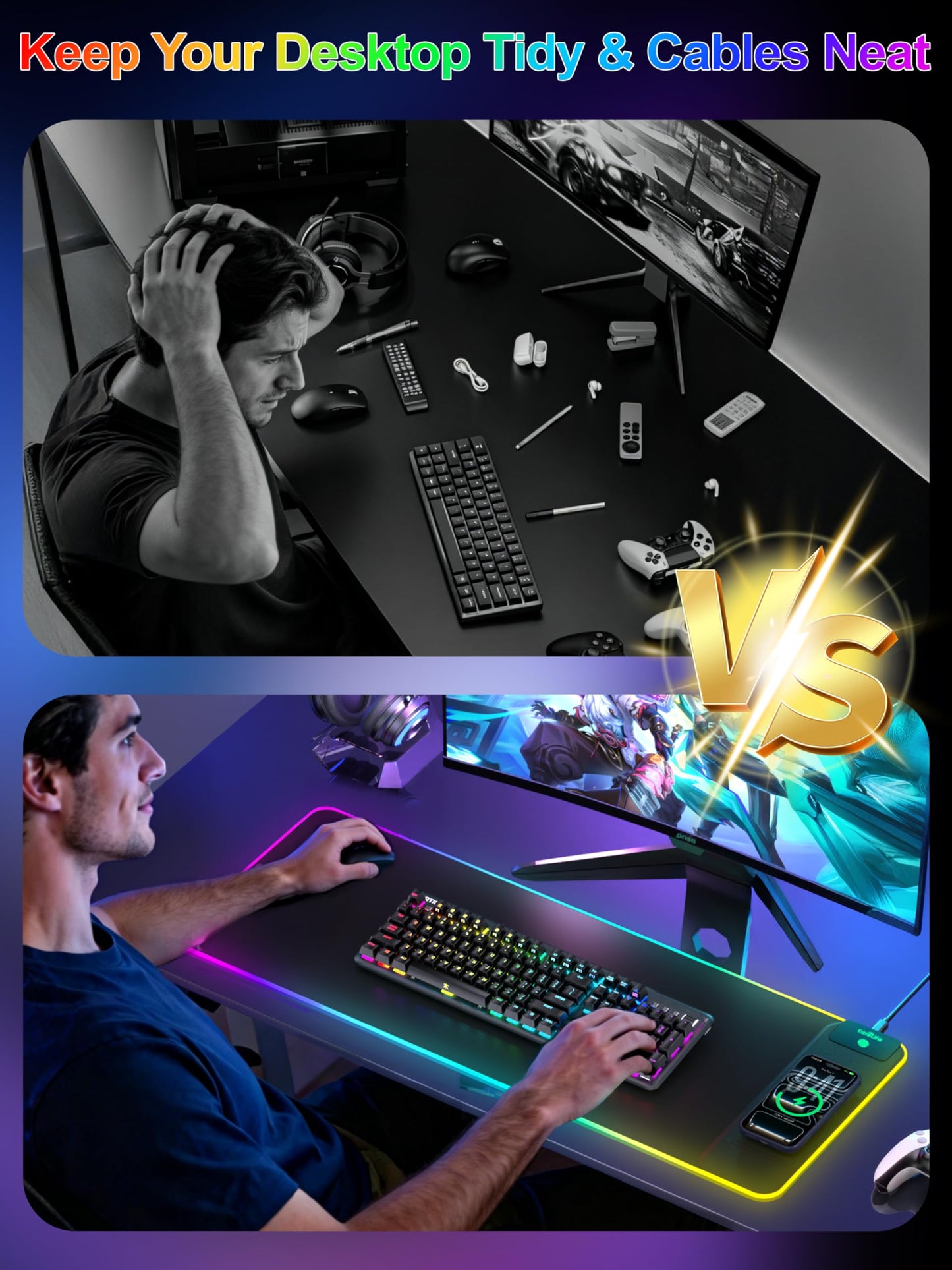 Mouse Pad with 15W Wireless Charging, RGB Gaming Mousepad, 31.5"x11.8" Large XXL Desk Mat, 16 Lighting Modes Keyboard Pad with Non-Slip Rubber Base, Waterproof Computer Mat for Gaming, Black-Right