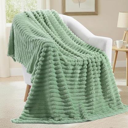 decorUhome Soft Fleece Sage Green Blanket Queen Size for Bed, Cozy Fluffy Plush Flannel Large Striped Throws for Couch Sofa, Lightweight Decorative Fuzzy Blanket for Woman, 90x90 Inches