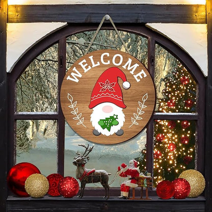 Interchangeable Seasonal Welcome Sign Front Door Decoration,Rustic Round Wood Wreaths Wall Hanging Outdoor Decor for Spring Summer Autumn and Winter All Seasons Holiday Halloween Christmas(Elf)