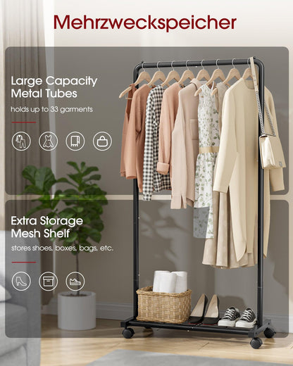 Sakugi Clothes Rack - Clothing Rack with Storage Mesh Shelf & Casters, Heavy-Duty Metal Clothing Rack for Hanging Clothes, Dresses, Coats, Large Load Capacity, Easy Assembly, Black, 28.0"x14.0"x59.0"