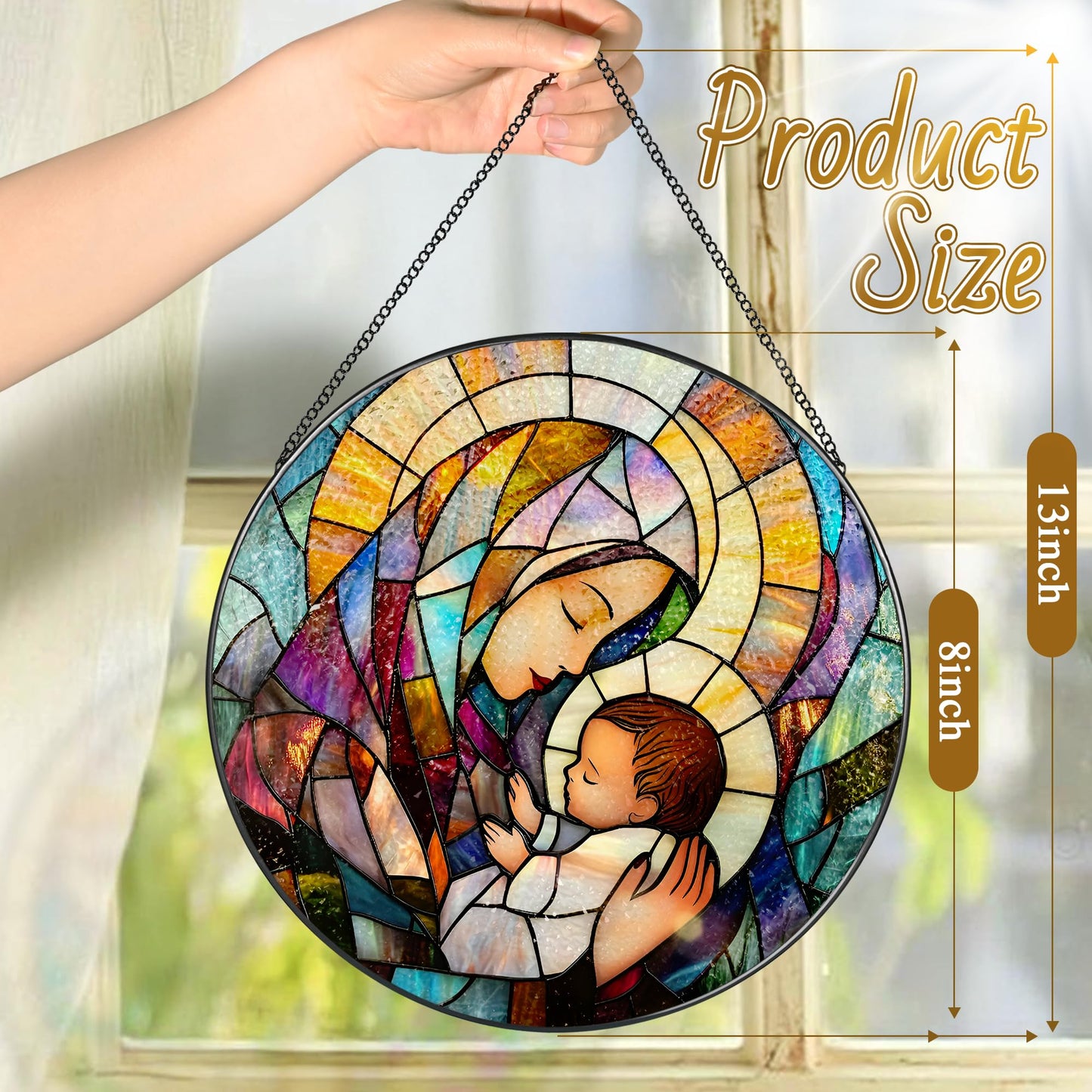 Baby Jesus and The Holy Mother Mary Sun Catcher, 8 Inch Stained Glass Window Hanging, Stained Glass Decor, Christian Home Decor, Christian Gifts for Women, Religious Gifts for Women