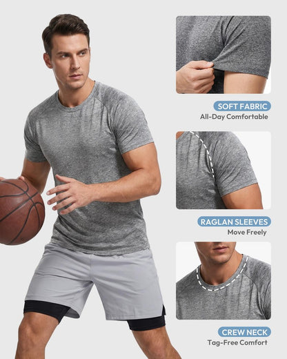 MCPORO Workout Shirts for Men Short Sleeve Quick Dry Athletic Gym Active T Shirt Moisture Wicking 5 Pack Black, Dark Blue, Army Green, Light Grey, Hydro Teal Small