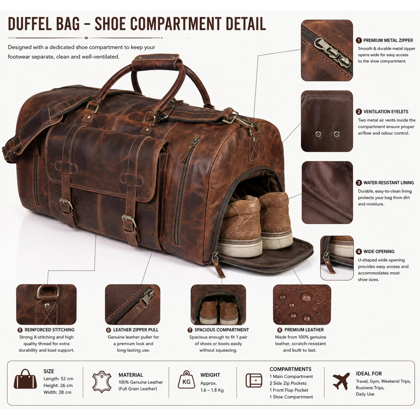 Cureo 24 Inch Genuine Leather Duffle Bag for Men and Women Travel Overnight Weekender Sports Gym Carry on Luggage