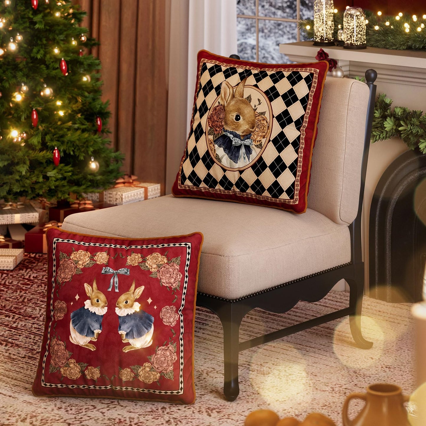 Livebee Bunny Floral Red Pillow Cover Decorations, Velvet Euro Sham Covers Decorative Throw Pillow Covers 18x18 for Couch Sofa Bed Home Decor