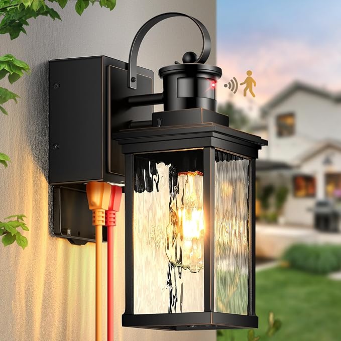 Outdoor Wall Sconce Lights with GFCI Outlet, Modern Black Gold Trim Motion Sensor Outdoor Garage Lights Wall Mount Sconce Lantern, Die-cast Aluminum Exterior Lighting Fixtures for House, Porch