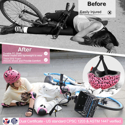 Kids Helmet, Bike Helmets for Kids 3-8-14 with Knee Pads and Elbow Pads Wrist Guards, Adjustable Youth Girls Bike Helmet with DIY Cat Ears Skateboard Helmet for Scooter Skating Cycling
