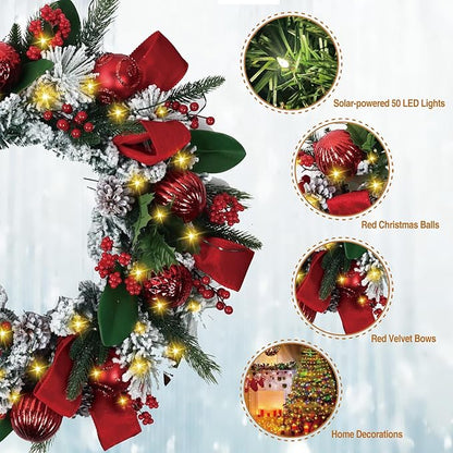 Solar Christmas Wreath 28 Inch Pre-Lit Solar 50 Led Artificial Wreath Outdoor Front Door Window Christmas Decorations with Frosted Branches Pine Cones Red Velvet Bows Balls (2809)