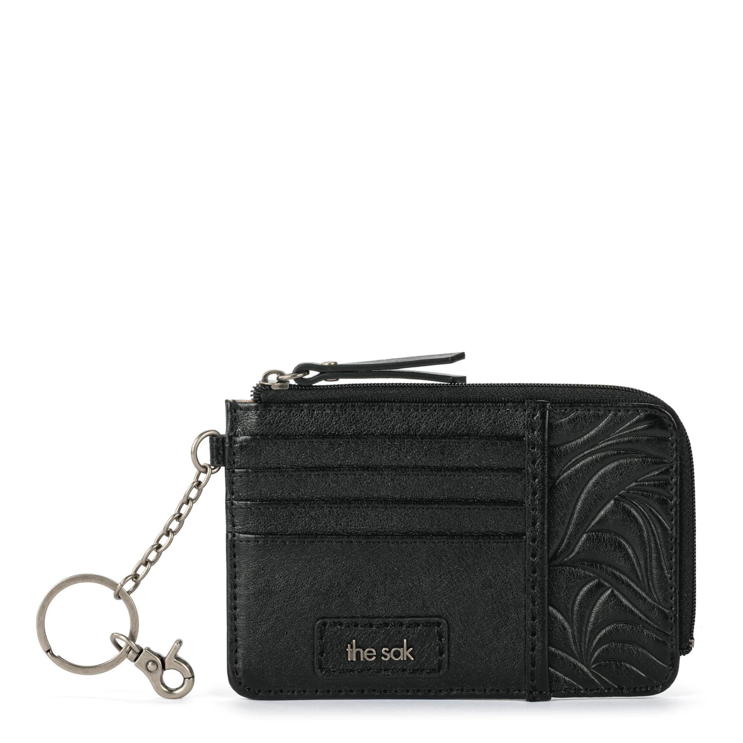 The Sak Iris Wallet in Leather, Elevated Card Holder with Keychain, Black Leaf Embossed II