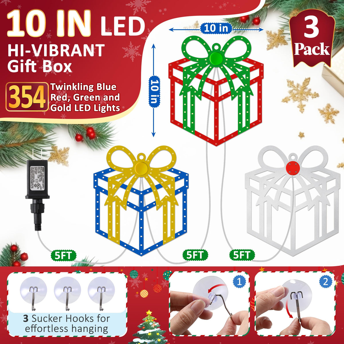 ElectricWise 3 Pack 10'' Christmas Window Lights, 354 LEDs Hi Vibrant Twinkling Lighted Gift Boxes, Waterproof Plug in Christmas Window Silhouette Light Present Decoration for Door Wall, Xmas Decor