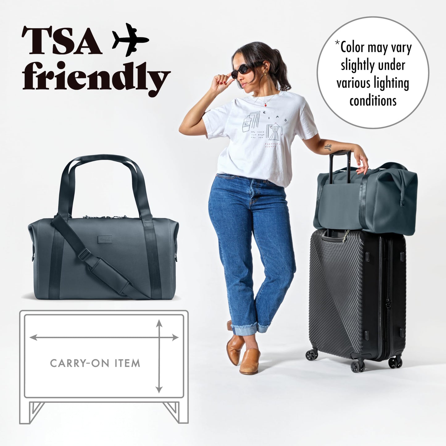 Fit & Fresh Neoprene Weekender Bag for Women – Carry-On Friendly Travel Duffel with Expandable Sides, Trolley Sleeve & Pockets – Lightweight, Water-Resistant Overnight Bag for Weekend Trips, Basalt