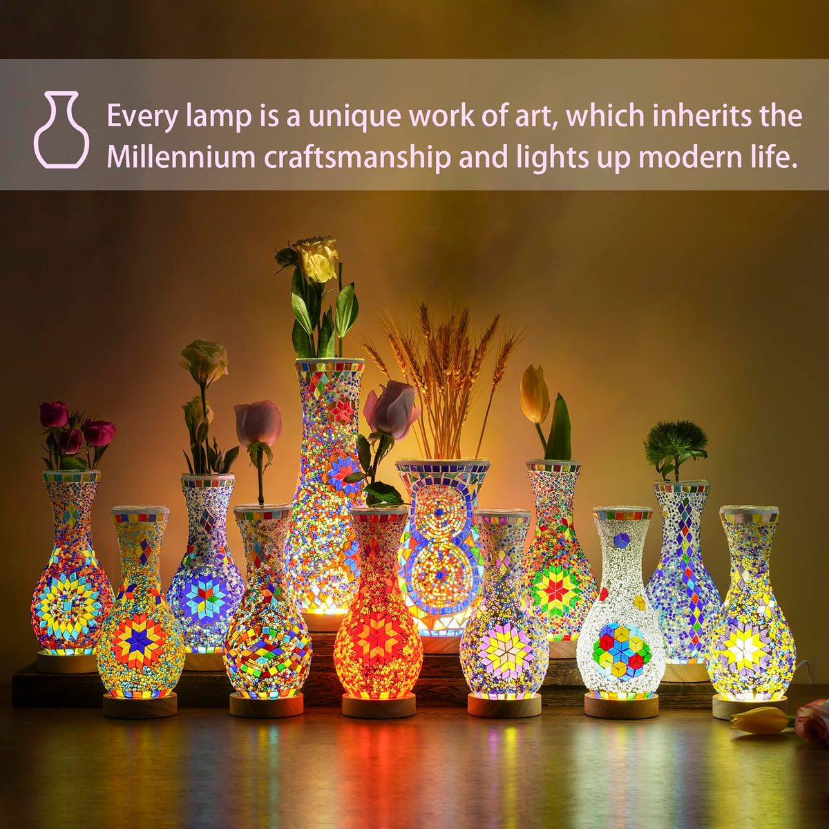 JAITAIK Stylish Turkish Mosaic Table Lamp Glass Vase Light with USB Power for Living Room or Bedroom Decoration