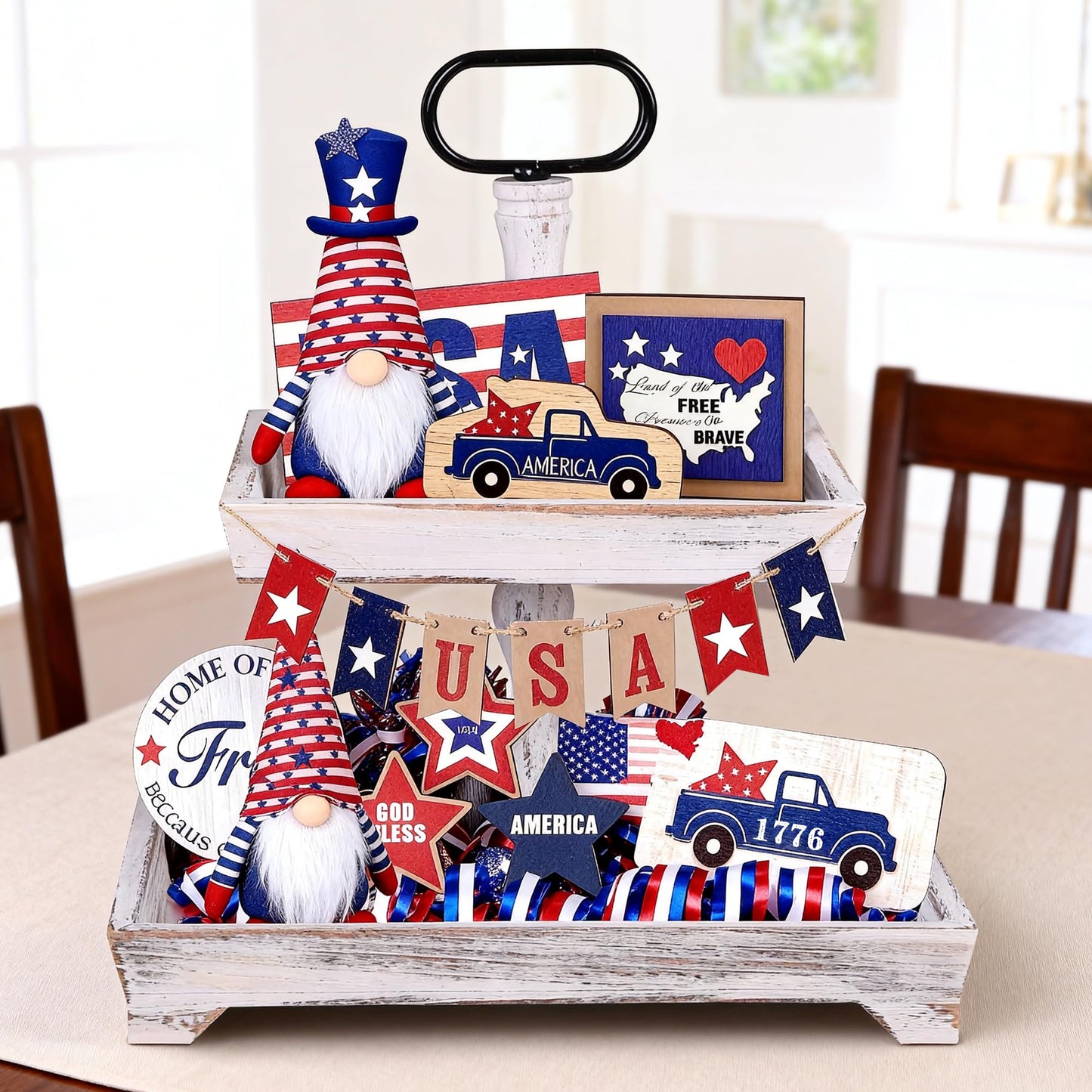 Eufrozy 2-Tier Farmhouse Tiered Tray Stand, Rustic White Wooden Decorative Serving Tray with Metal Handles, Rectangular Display Stand for 4th of July Decorations, Kitchen Table Housewarming Gifts