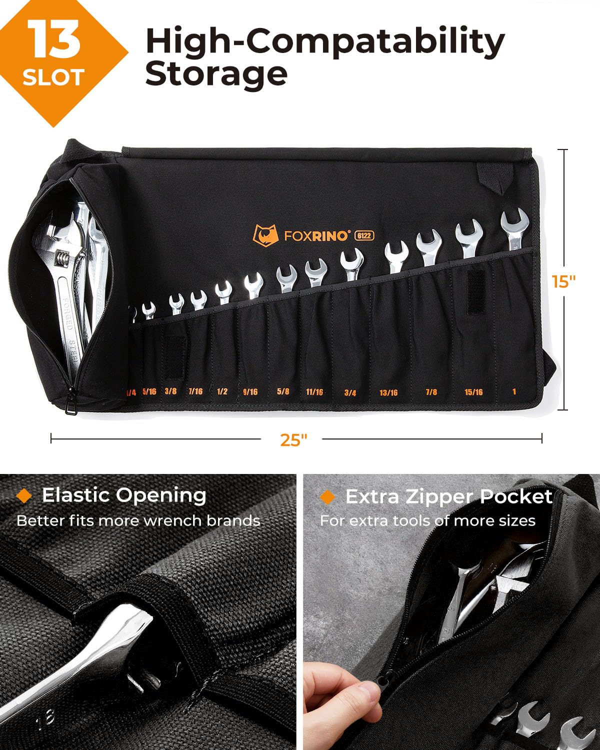 Foxrino Wrench Roll, Wrench Roll Up Pouch, 13-Pocket Heavy Duty Canvas Wrench Organizer Bag for SAE Combination Wrenches, Portable Tool Roll Bag, Gifts for Men for Fathers Day(Black, 13+1 SAE)